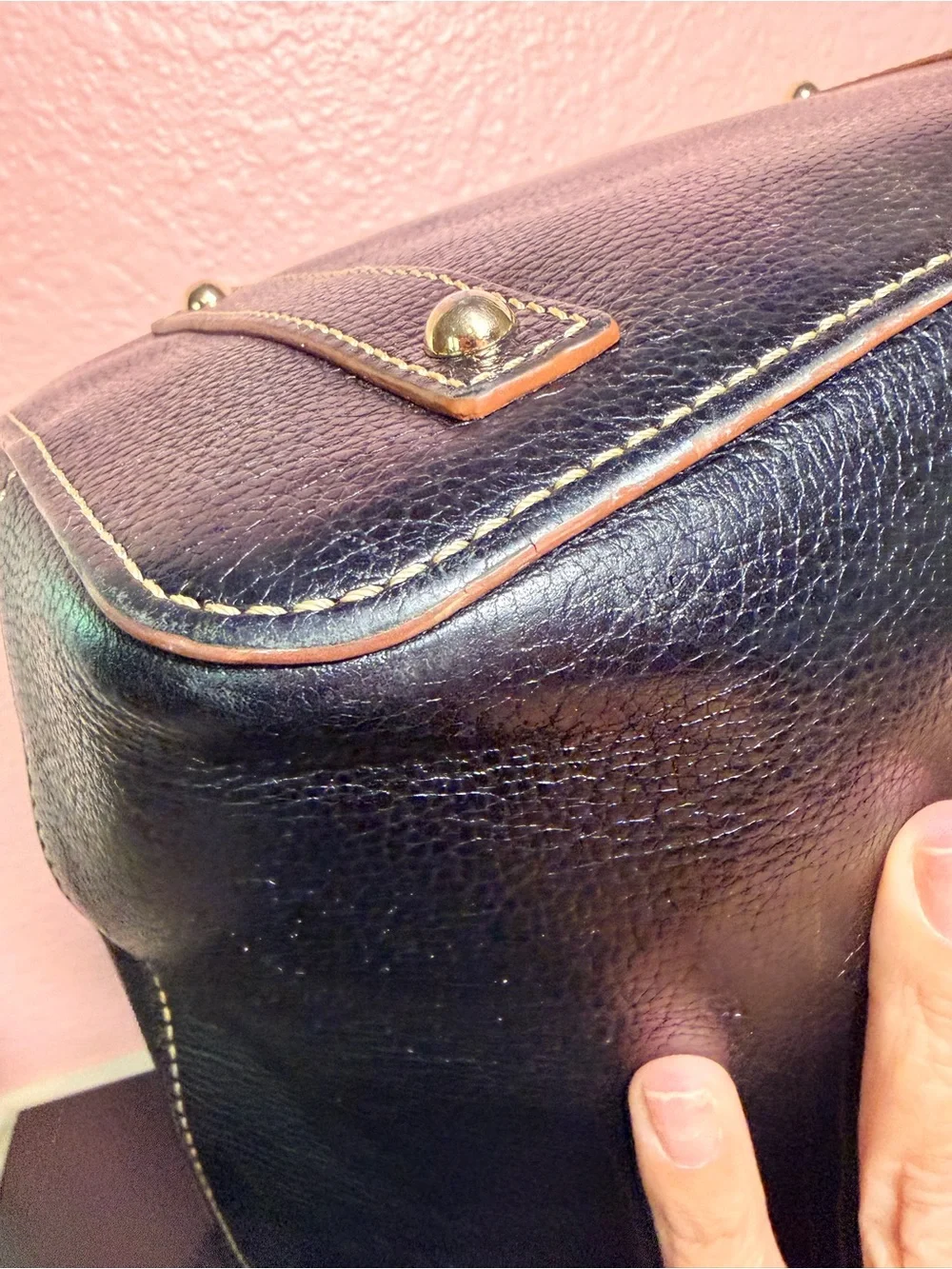 Dooney & Bourke Black Leather Shoulder Bag with Brass Hardware